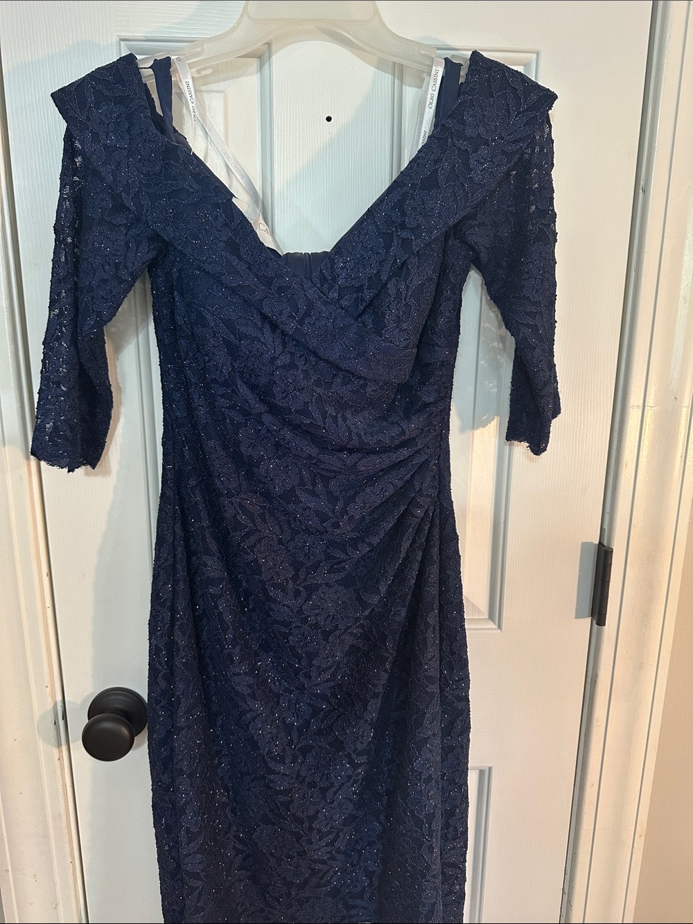 Oleg Cassini Navy Lace Off-Shoulder Sheath Dress